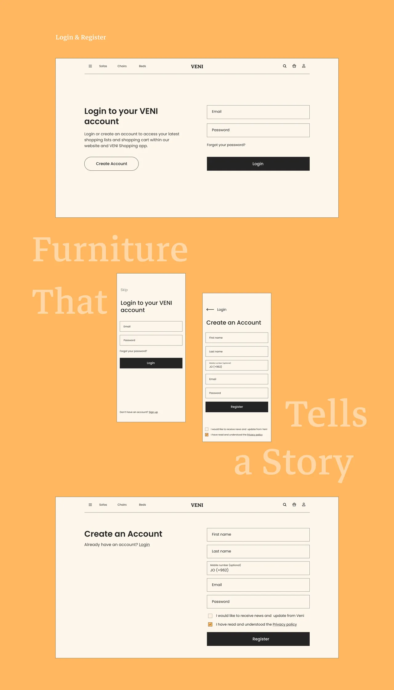 Login and Register screens of Veni