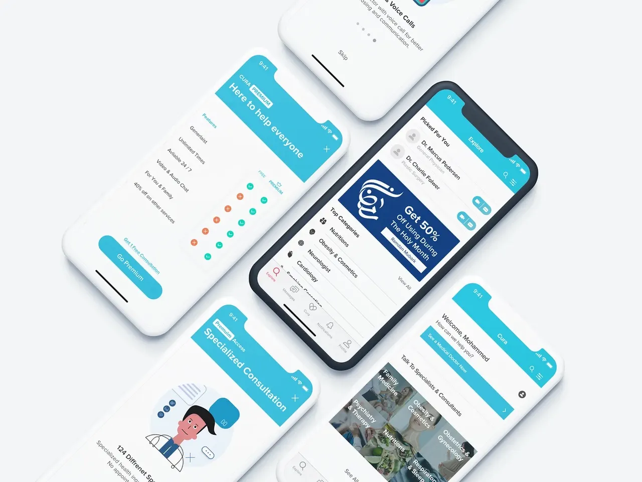 Mobile app screens of Cura